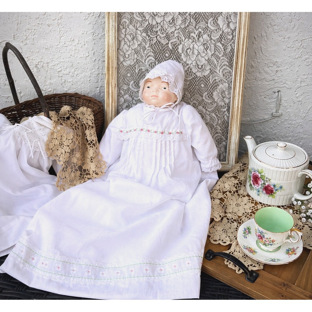 Vintage Porcelain Baby Doll in White Hand Made Embroidered Christening Gown Lace